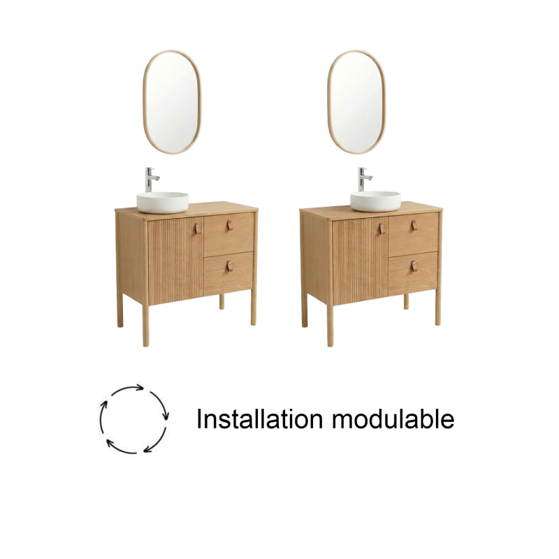 Ensemble meuble simple vasque 80cm en chêne avec vasque blanche, miroir, robinet et colonne
