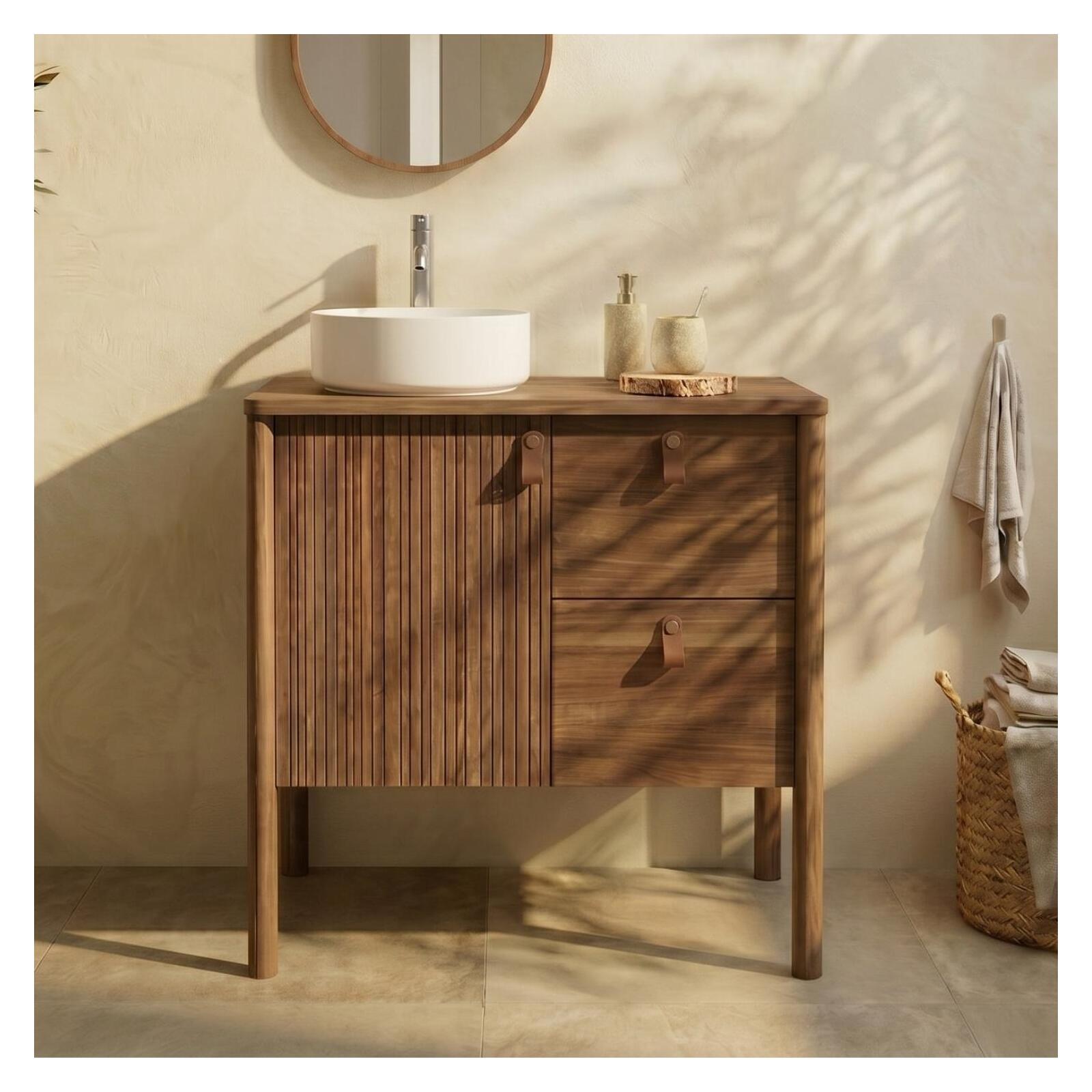 Ensemble simple vasque 80 cm sur pieds en placage chêne avec vasque en céramique blanche 