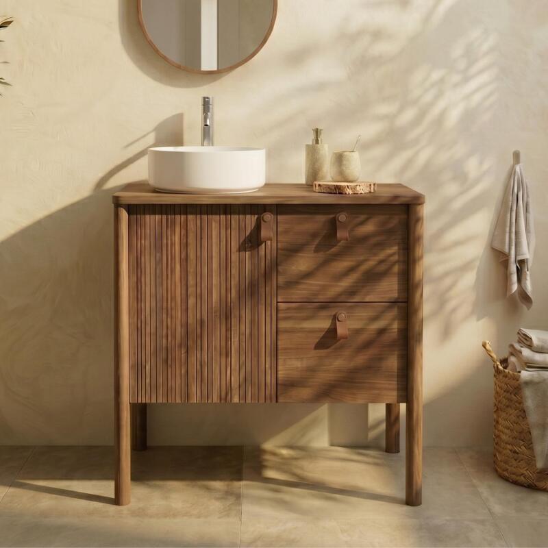 Ensemble simple vasque 80 cm sur pieds en placage chêne avec vasque en céramique blanche 