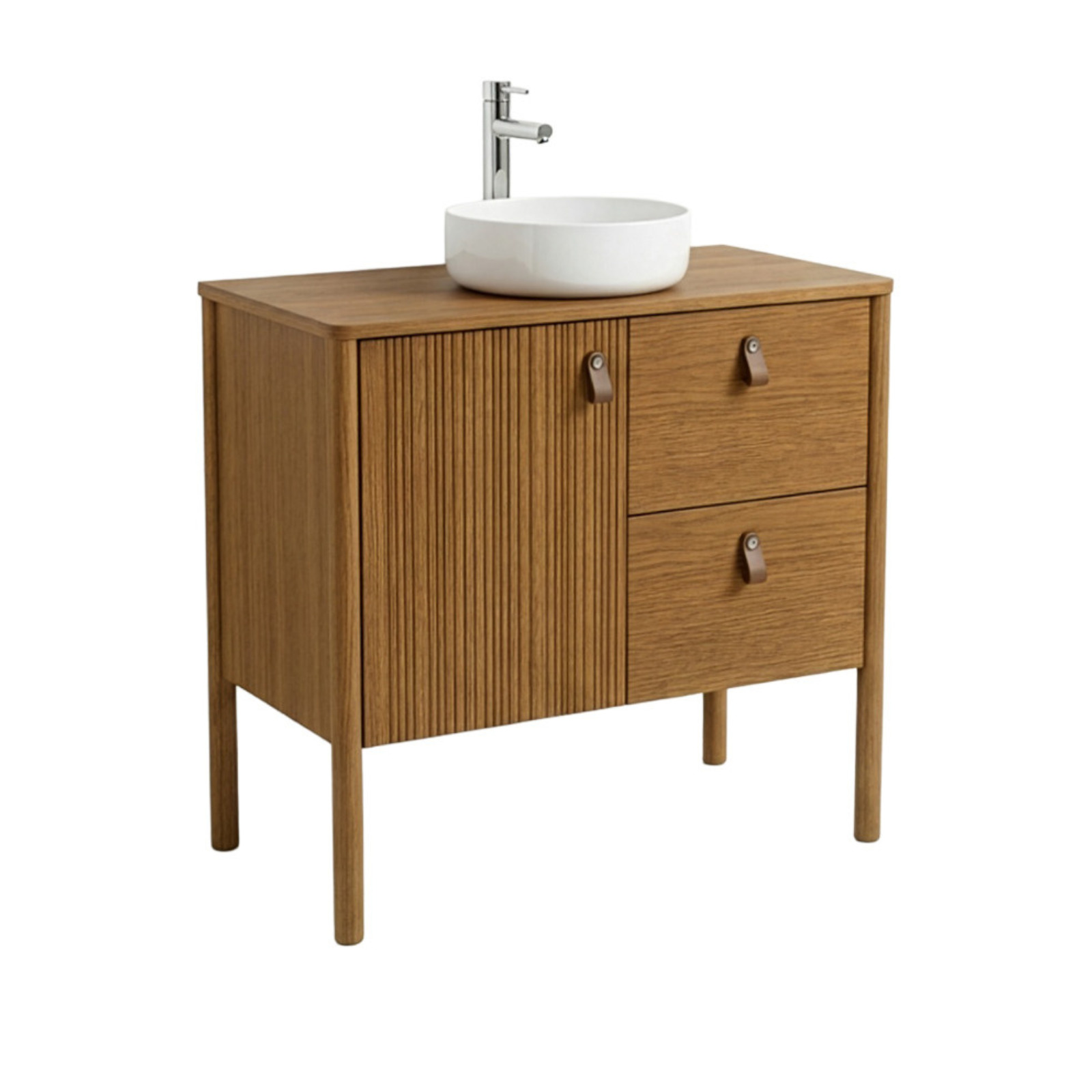 Ensemble simple vasque 80 cm sur pieds en placage chêne avec vasque en céramique blanche 