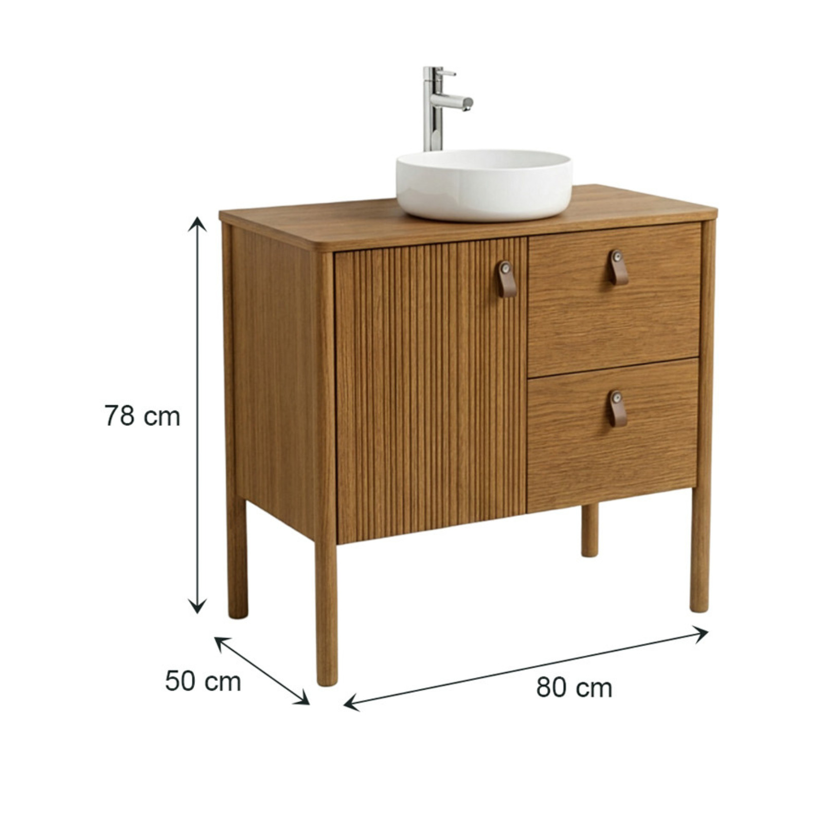 Ensemble simple vasque 80 cm sur pieds en placage chêne avec vasque en céramique blanche 