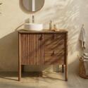 Ensemble simple vasque 80 cm sur pieds en placage chêne avec vasque en céramique blanche et robinet