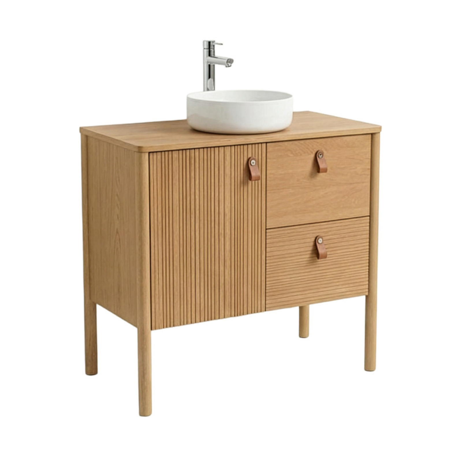 Ensemble simple vasque 80 cm sur pieds en placage chêne avec vasque en céramique blanche 