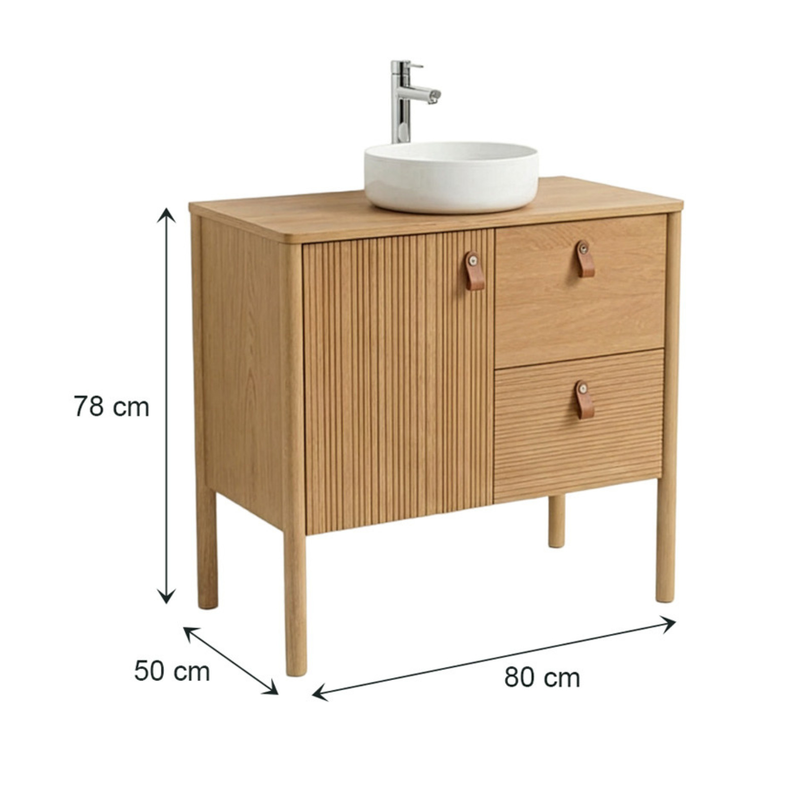 Ensemble simple vasque 80 cm sur pieds en placage chêne avec vasque en céramique blanche 
