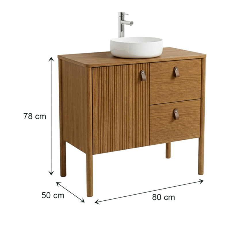 Ensemble simple vasque 80 cm sur pieds en placage chêne avec vasque en céramique blanche et robinet
