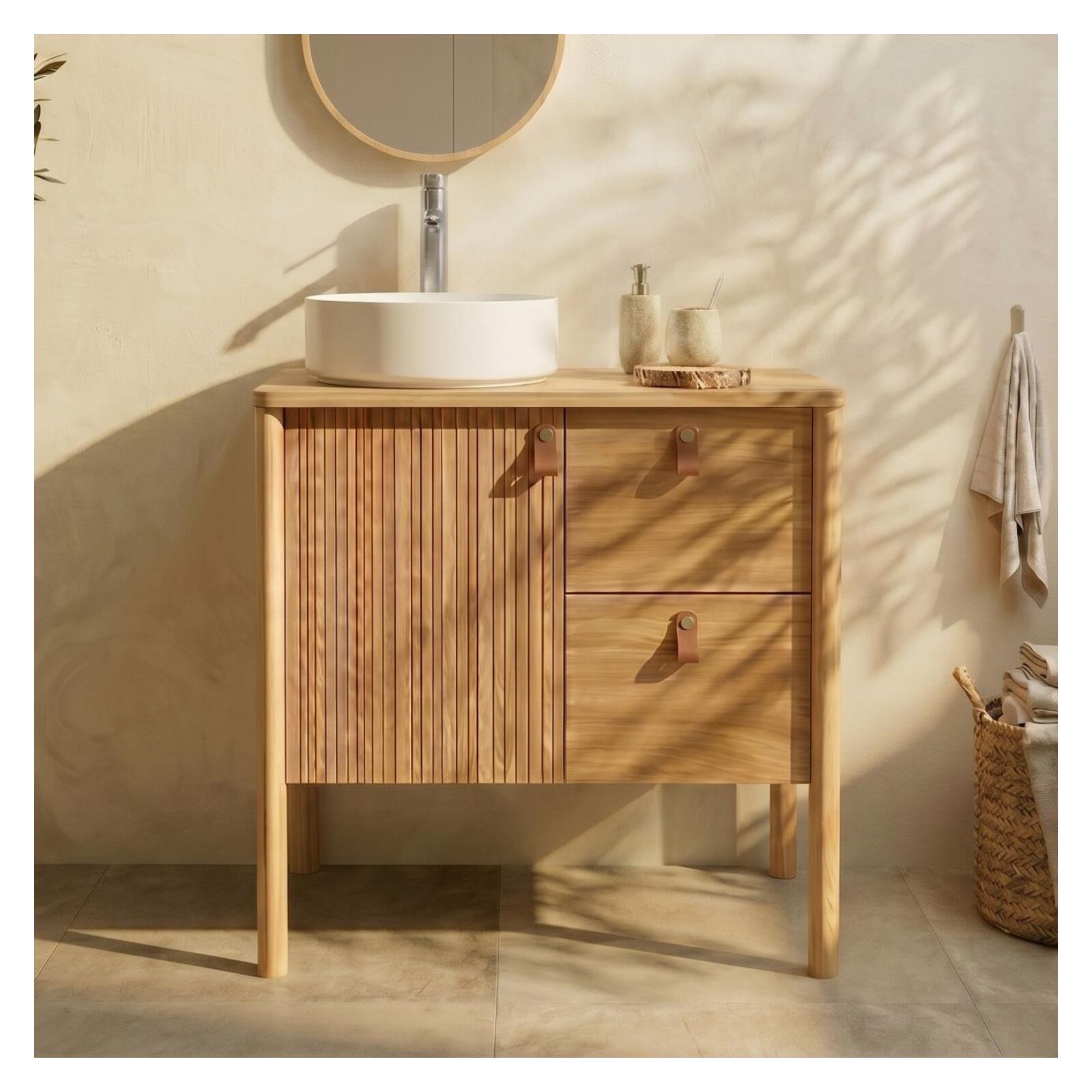 Ensemble simple vasque 80 cm sur pieds en placage chêne avec vasque en céramique blanche et robinet