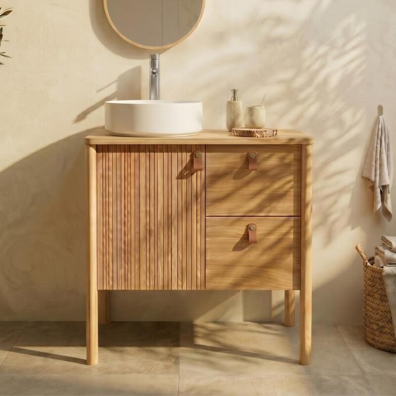 Ensemble simple vasque 80 cm sur pieds en placage chêne avec vasque en céramique blanche et robinet