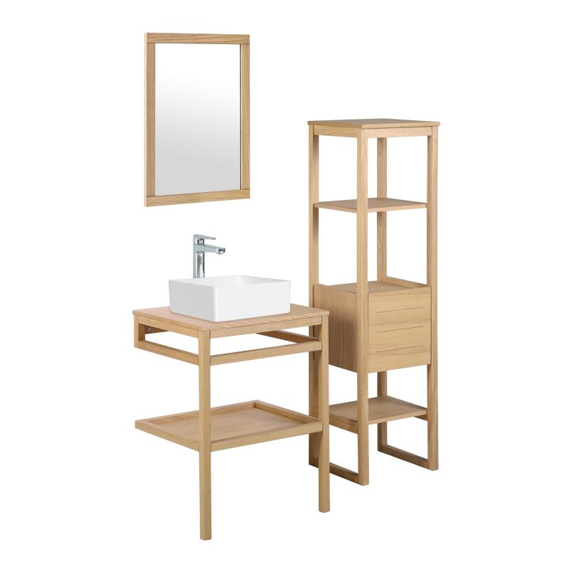 Meuble de salle de bain en chêne avec vasque carrée robinet miroir et colonne