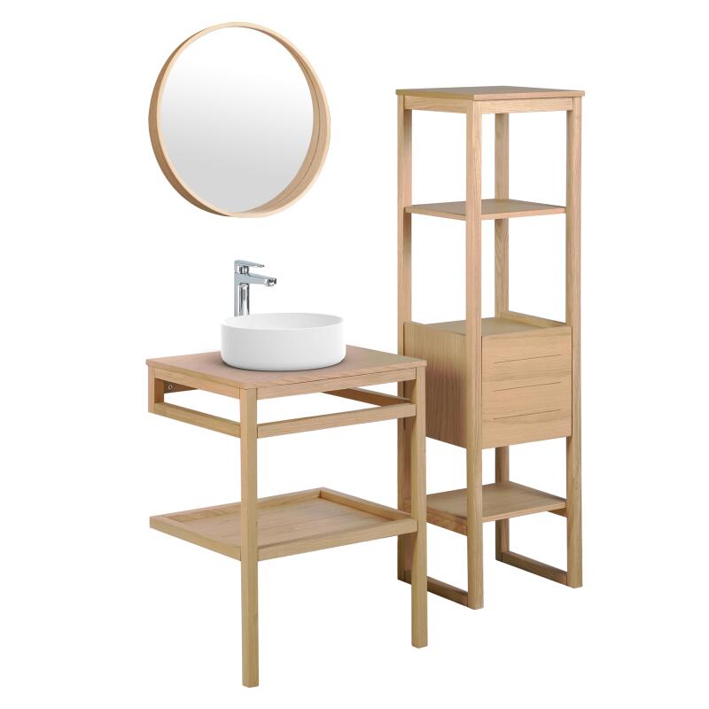 Meuble de salle de bain en chêne avec vasque ronde robinet miroir et colonne