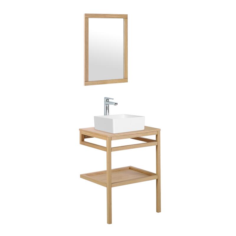 Meuble de salle de bain en chêne avec vasque carrée robinet et miroir