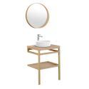 Meuble de salle de bain en chêne avec vasque ronde robinet et miroir