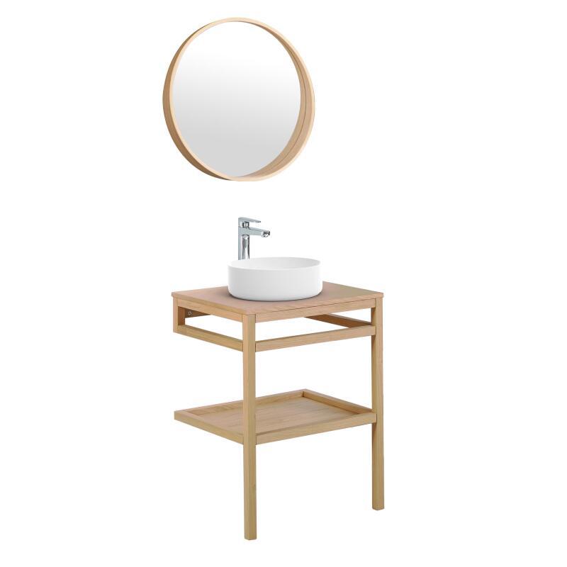 Meuble de salle de bain en chêne avec vasque ronde robinet et miroir