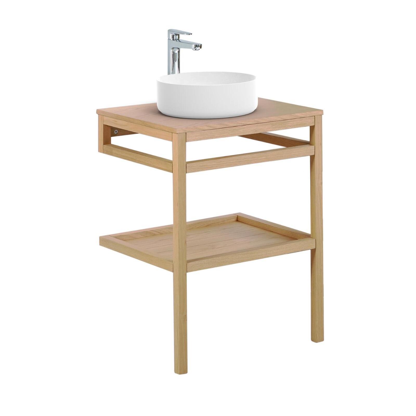 Meuble de salle de bain en chêne avec vasque ronde et robinet
