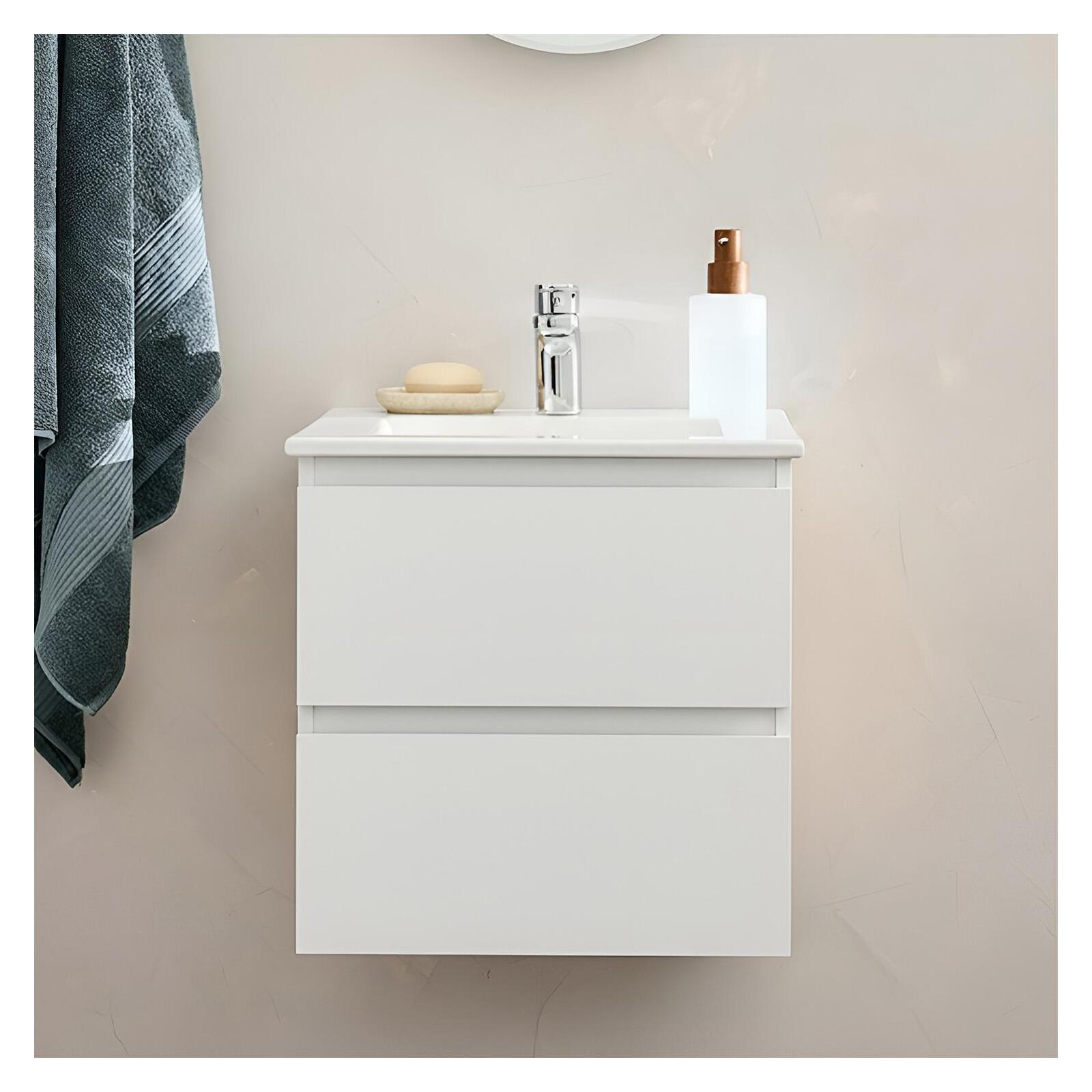 Ensemble meuble simple vasque 45cm avec plan céramique et robinet chromé