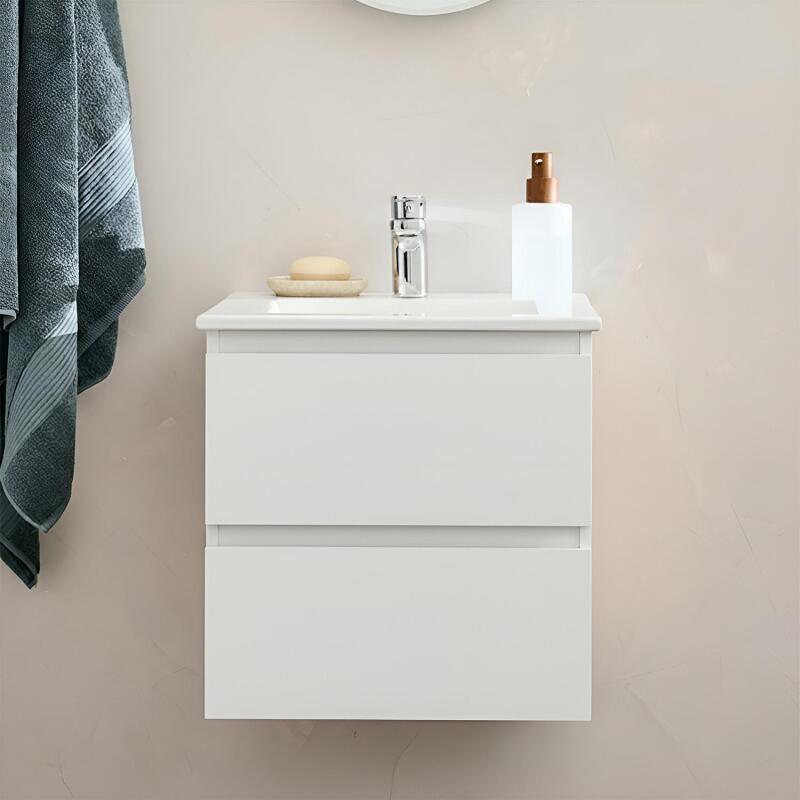 Ensemble meuble simple vasque 45cm avec plan céramique et robinet chromé