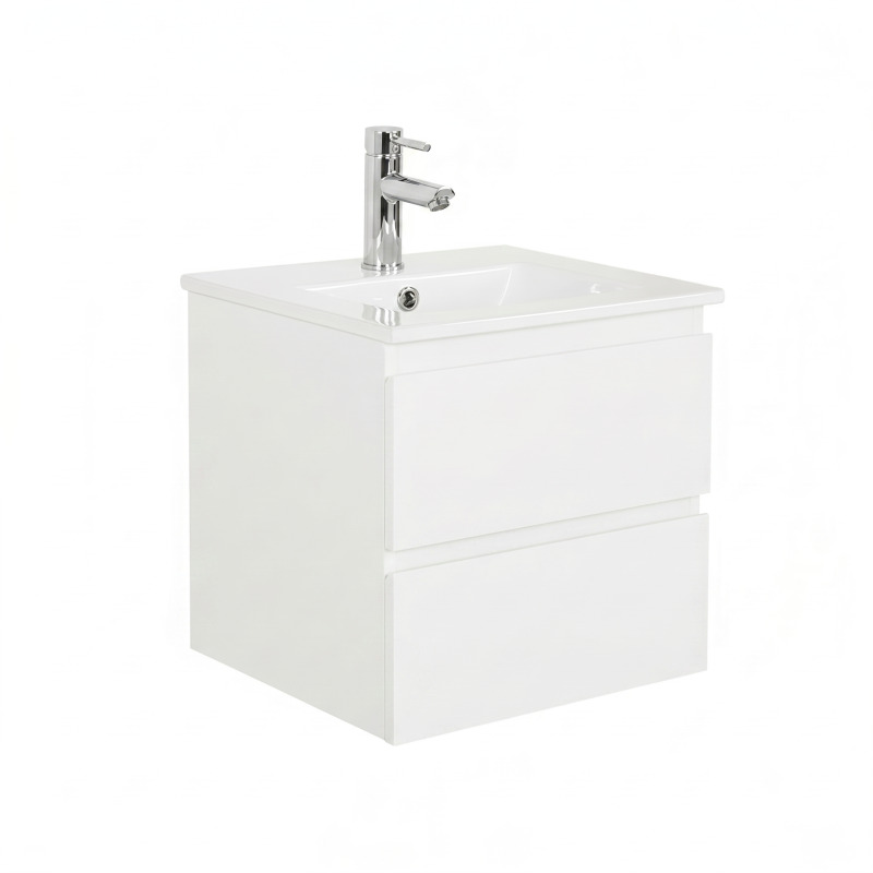 Ensemble meuble simple vasque 45cm avec plan céramique et robinet chromé