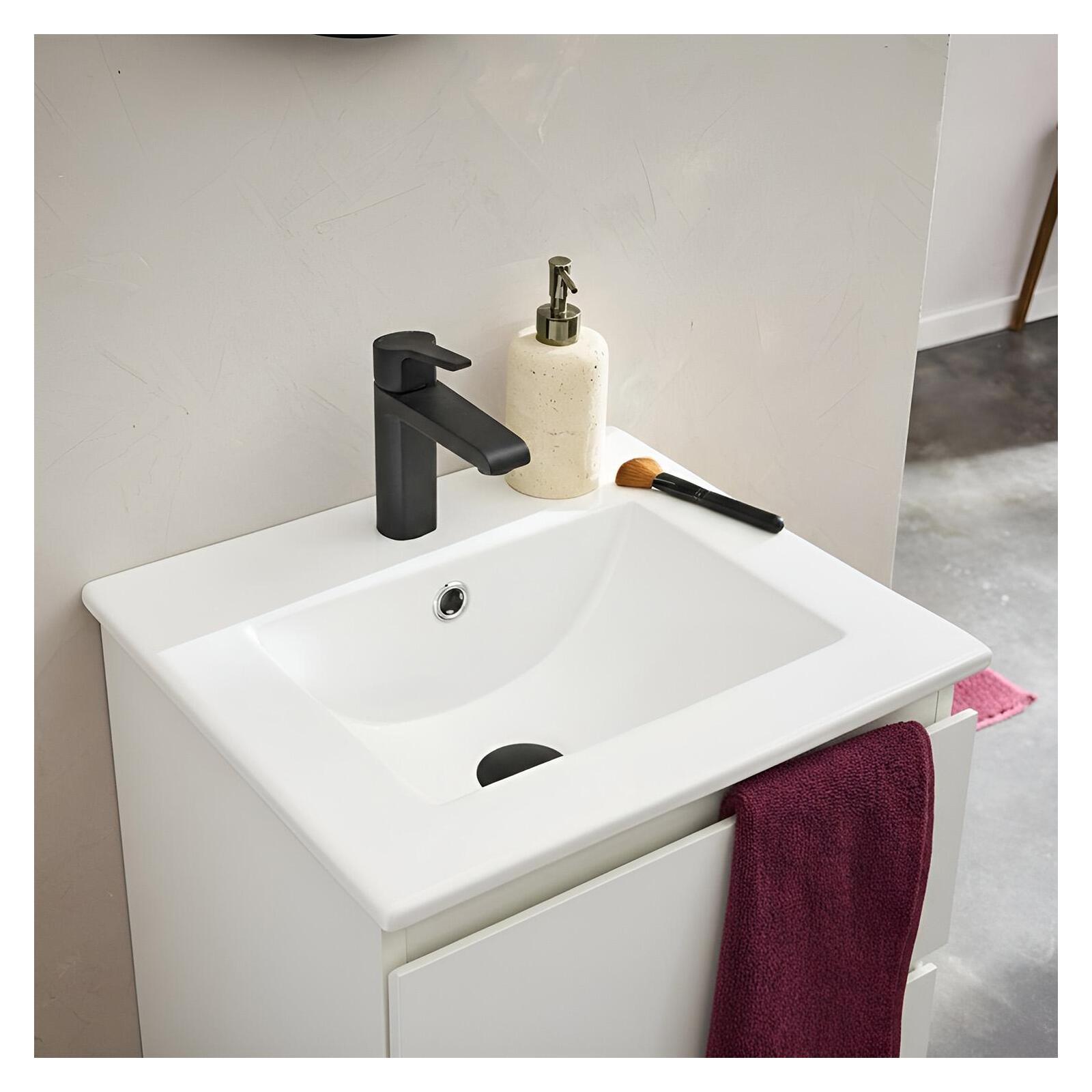 Ensemble meuble simple vasque 45cm avec plan céramique et robinet noir