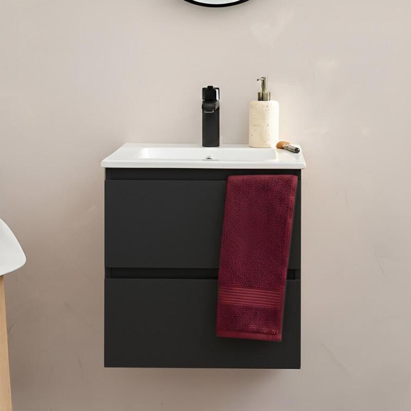 Ensemble meuble simple vasque 45cm avec plan céramique et robinet noir