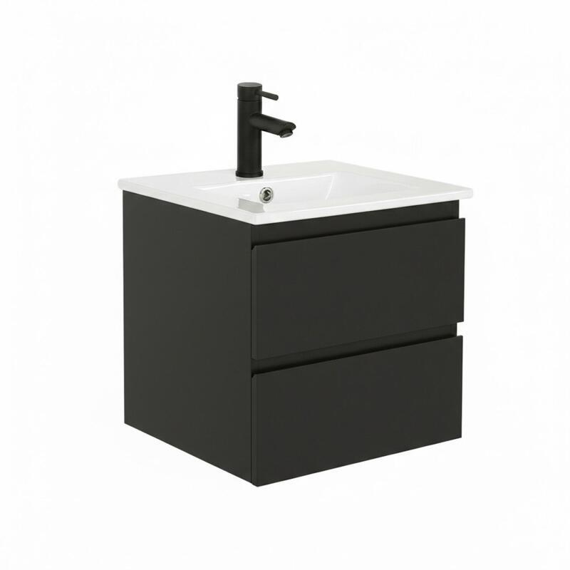 Ensemble meuble simple vasque 45cm avec plan céramique et robinet noir