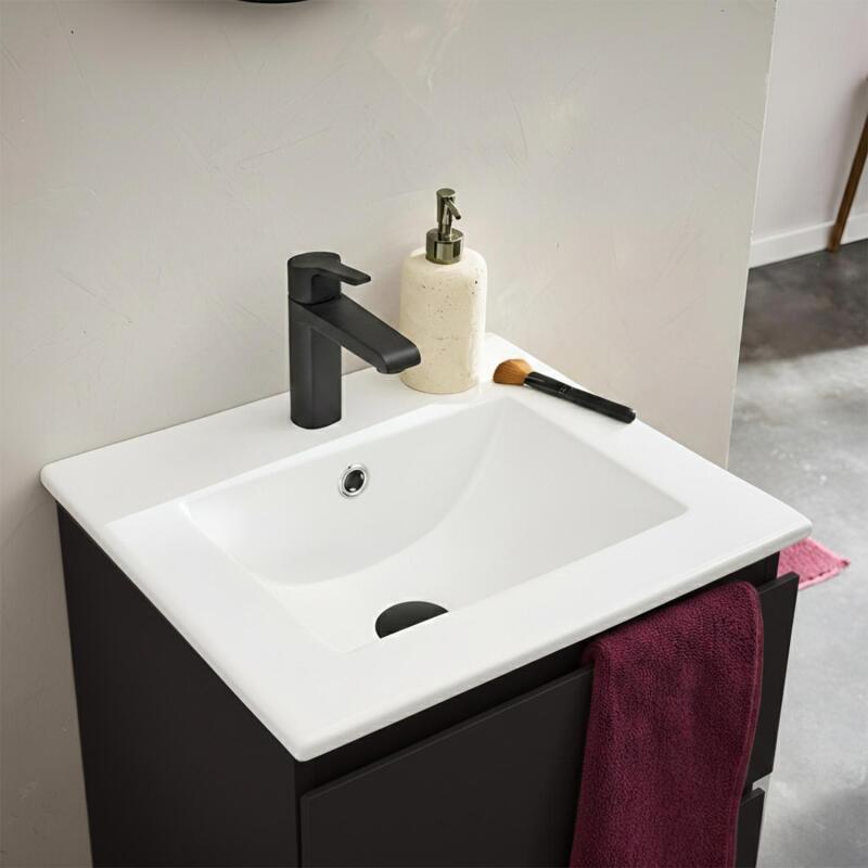 Ensemble meuble simple vasque 45cm avec plan céramique et robinet noir
