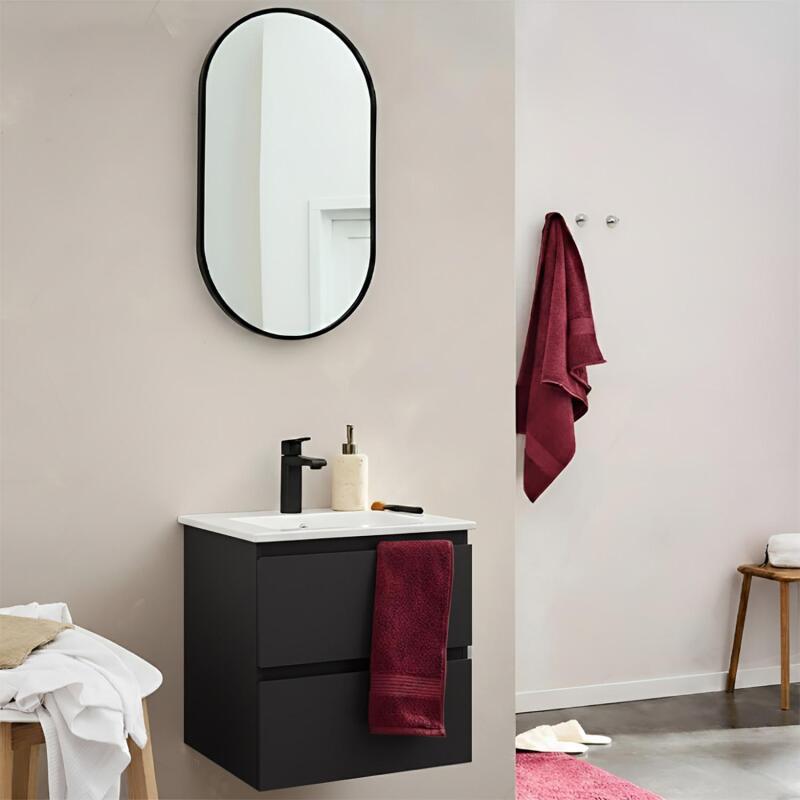 Ensemble meuble simple vasque 45cm avec plan céramique et robinet noir