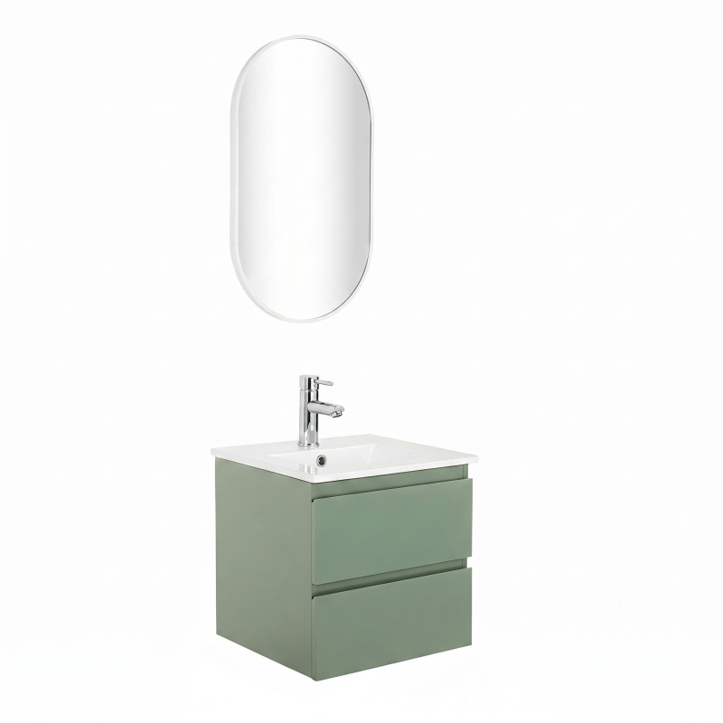 Ensemble meuble simple vasque 45cm avec plan céramique et robinet chromé et miroir ovale
