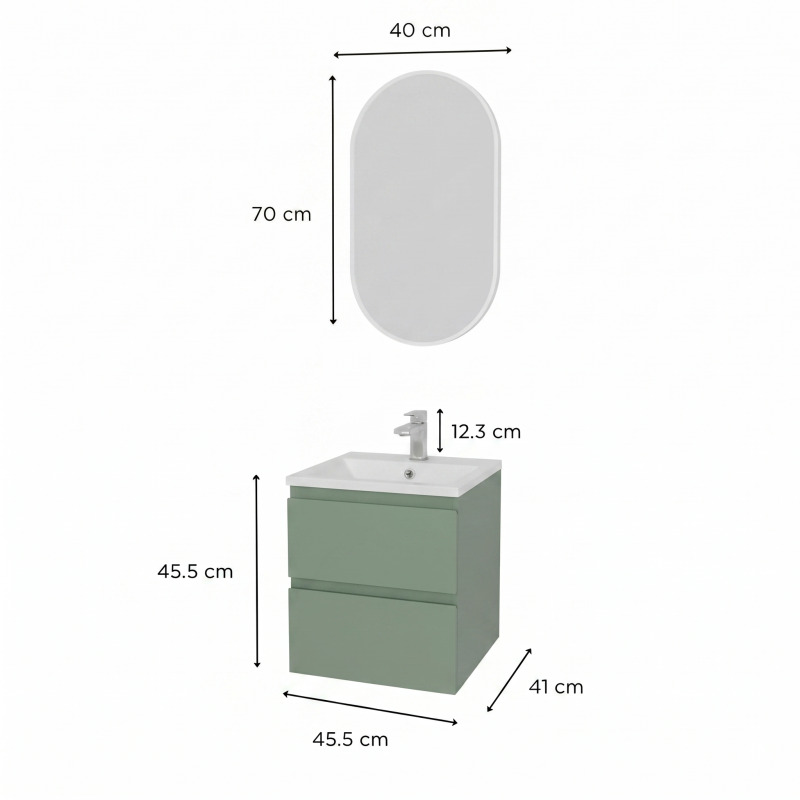 Ensemble meuble simple vasque 45cm avec plan céramique et robinet chromé et miroir ovale
