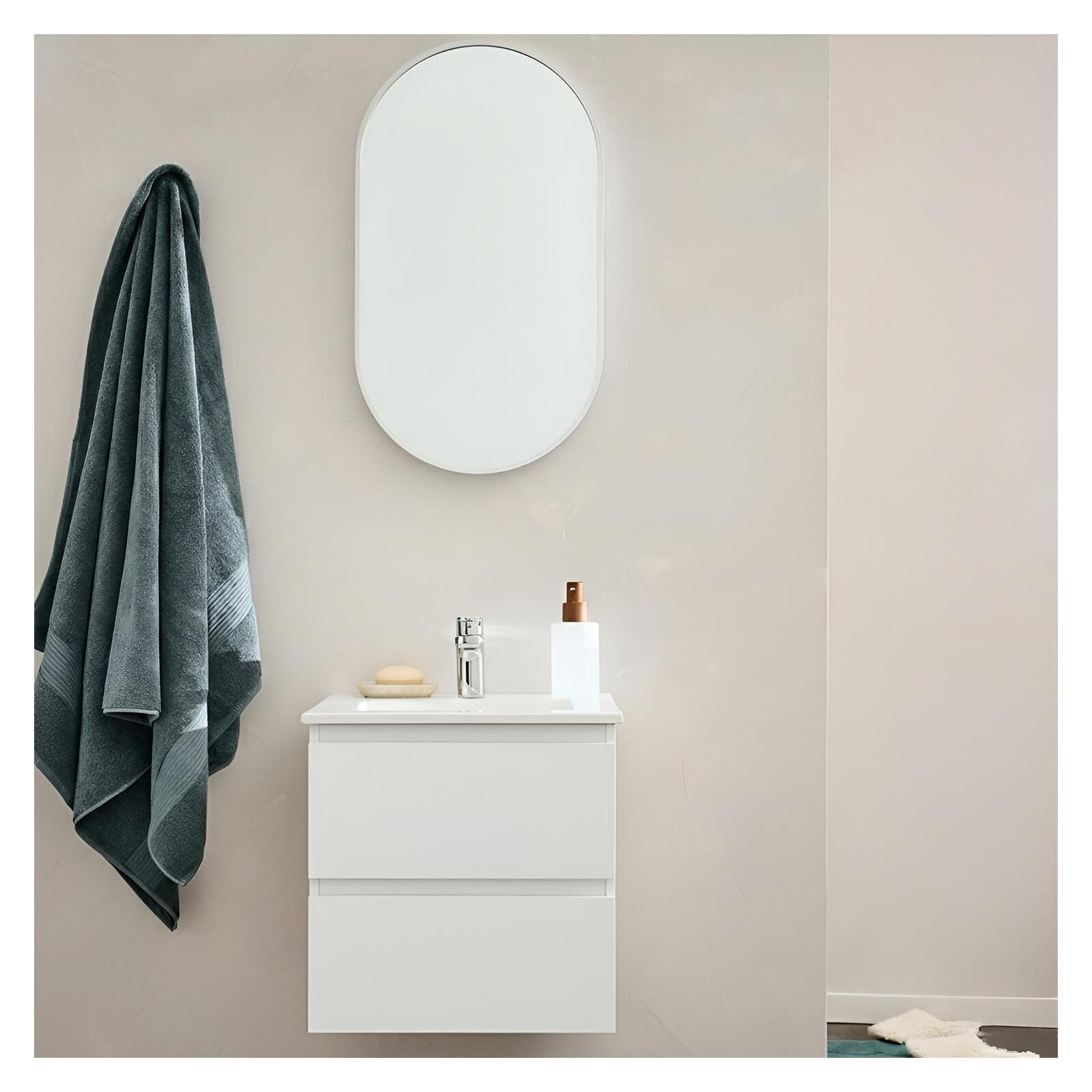 Ensemble meuble simple vasque 45cm avec plan céramique et robinet chromé et miroir ovale