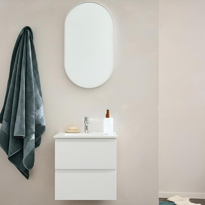 Ensemble meuble simple vasque 45cm avec plan céramique et robinet chromé et miroir ovale