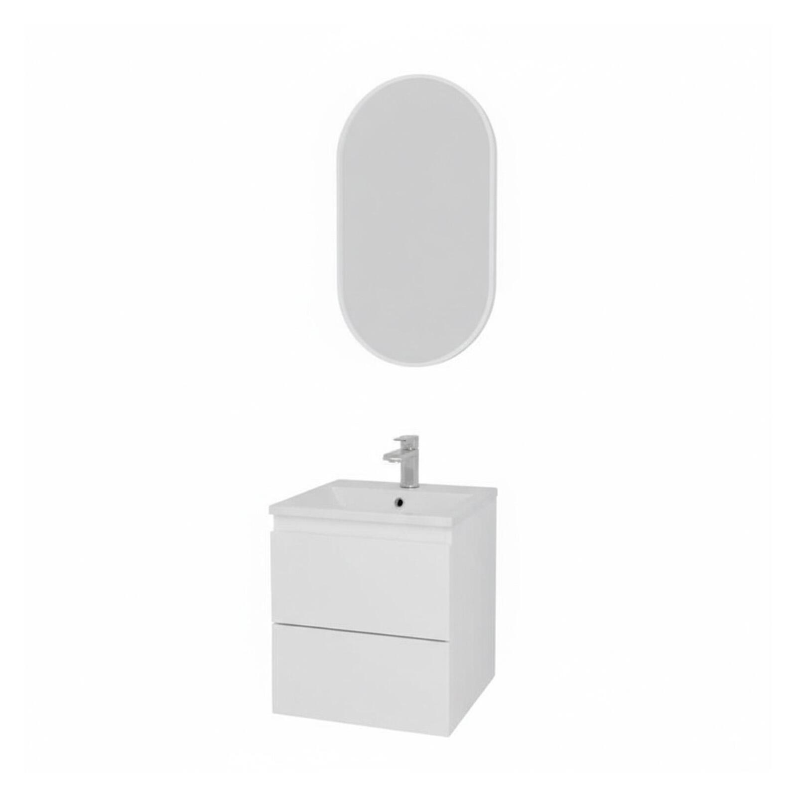 Ensemble meuble simple vasque 45cm avec plan céramique et robinet chromé et miroir ovale