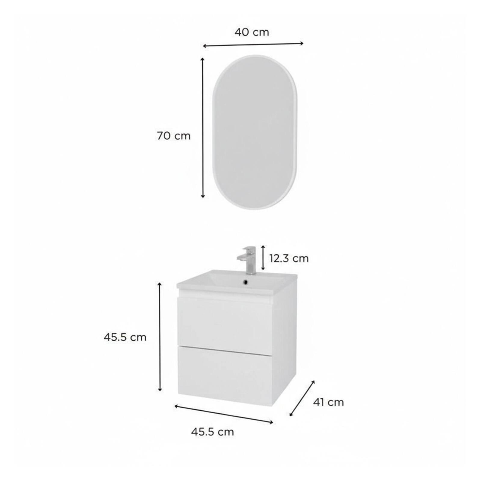 Ensemble meuble simple vasque 45cm avec plan céramique et robinet chromé et miroir ovale