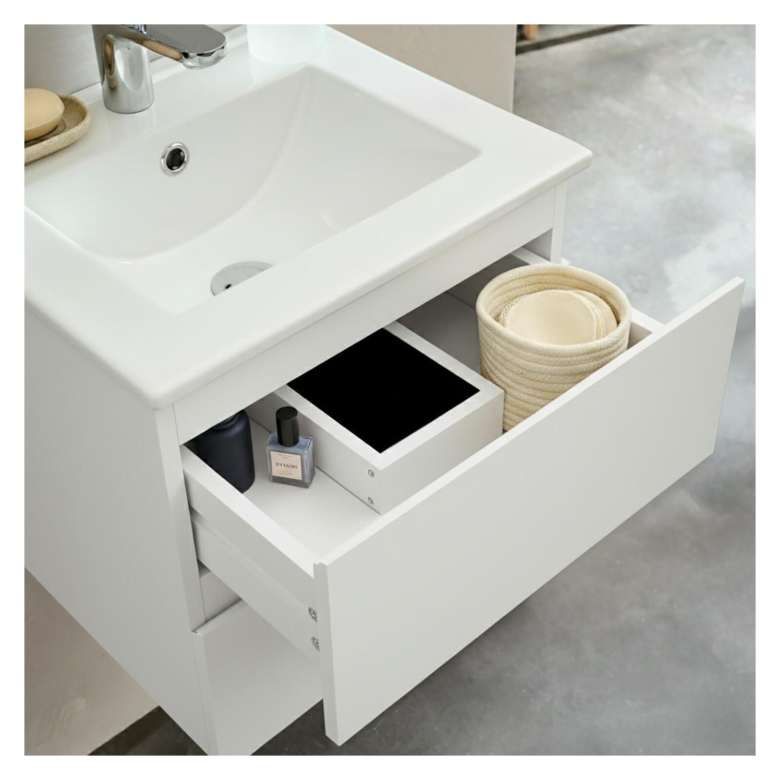 Ensemble meuble simple vasque 45cm avec plan céramique et robinet chromé et miroir ovale