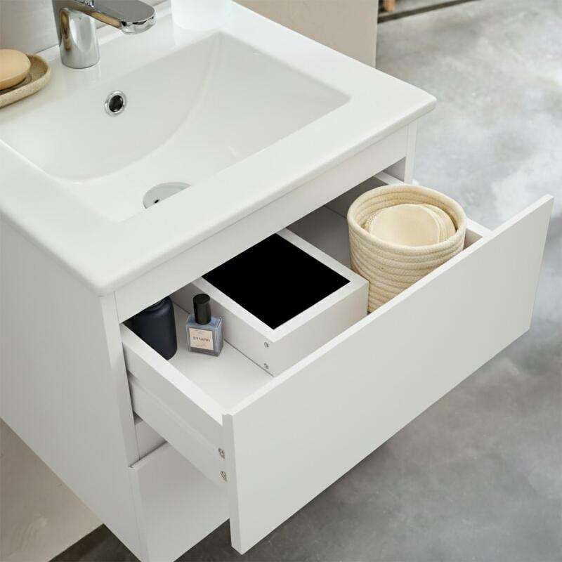 Ensemble meuble simple vasque 45cm avec plan céramique et robinet chromé et miroir ovale