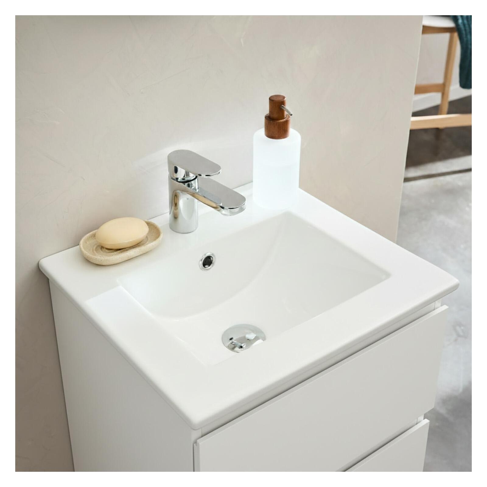 Ensemble meuble simple vasque 45cm avec plan céramique et robinet chromé et miroir ovale