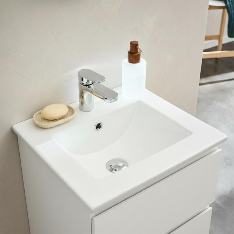 Ensemble meuble simple vasque 45cm avec plan céramique et robinet chromé et miroir ovale