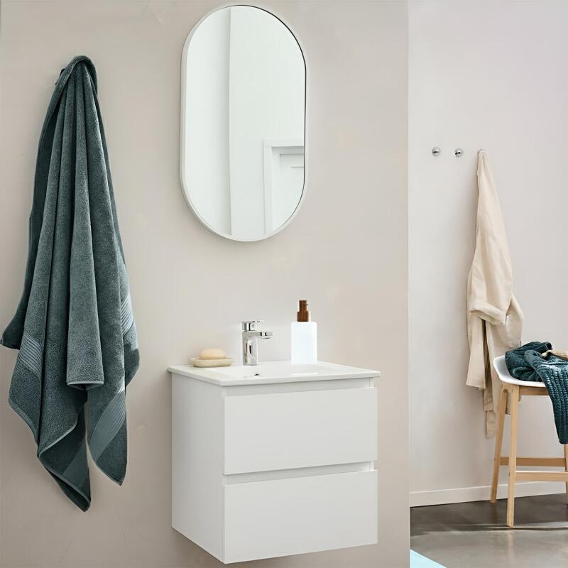 Ensemble meuble simple vasque 45cm avec plan céramique et robinet chromé et miroir ovale