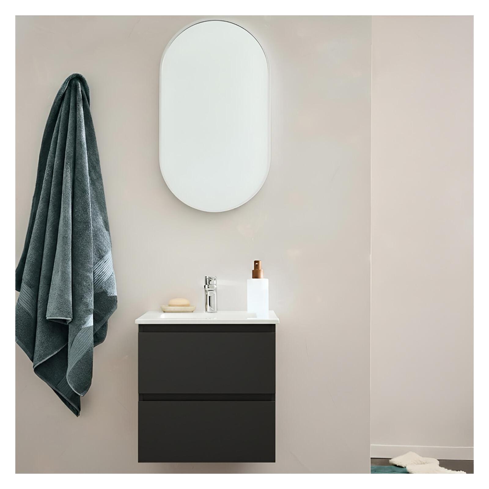 Ensemble meuble simple vasque 45cm avec plan céramique et robinet chromé et miroir ovale