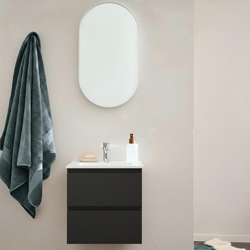 Ensemble meuble simple vasque 45cm avec plan céramique et robinet chromé et miroir ovale
