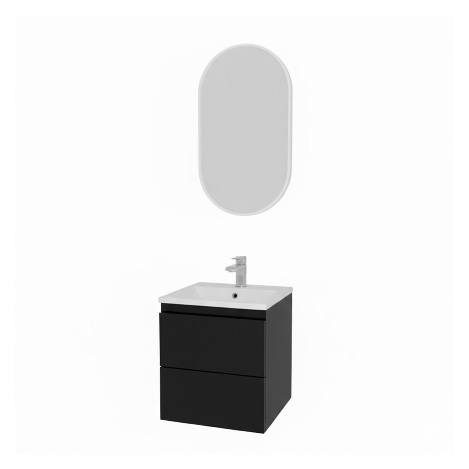 Ensemble meuble simple vasque 45cm avec plan céramique et robinet chromé et miroir ovale
