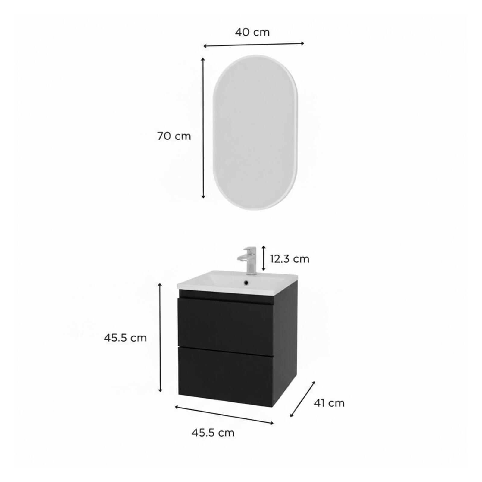 Ensemble meuble simple vasque 45cm avec plan céramique et robinet chromé et miroir ovale