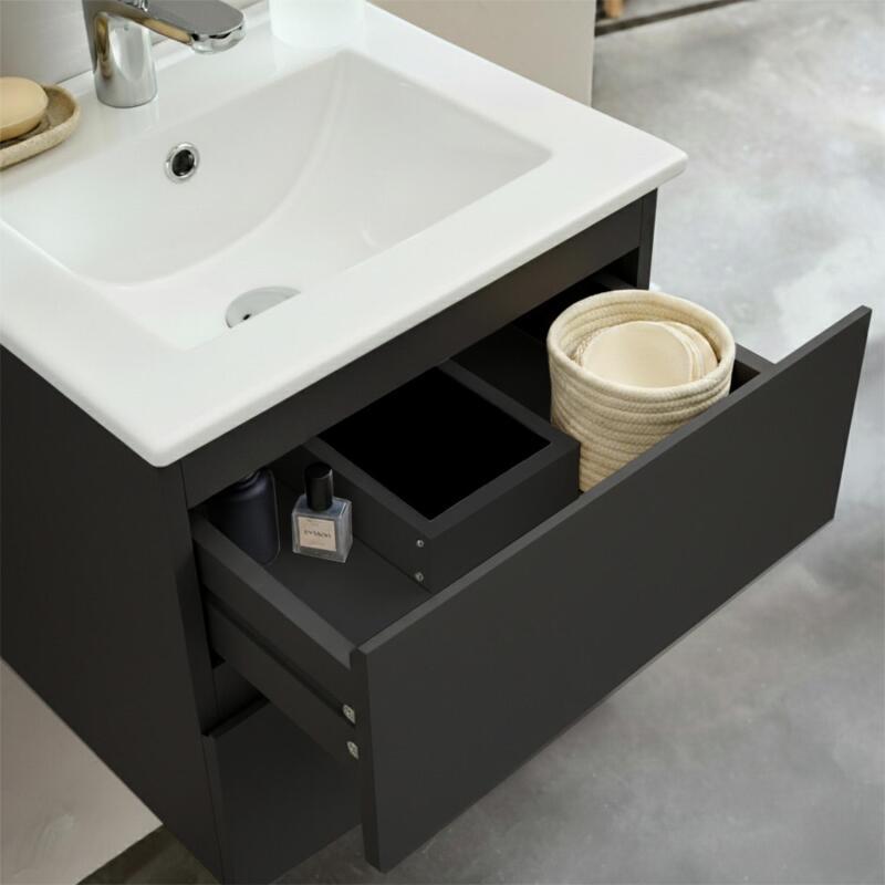 Ensemble meuble simple vasque 45cm avec plan céramique et robinet chromé et miroir ovale
