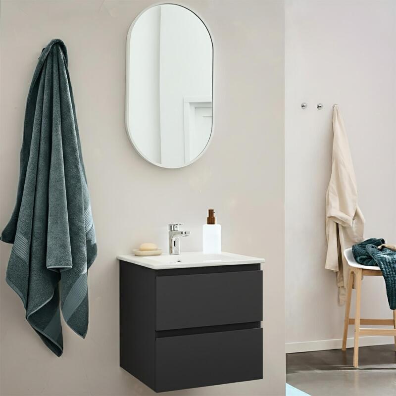Ensemble meuble simple vasque 45cm avec plan céramique et robinet chromé et miroir ovale