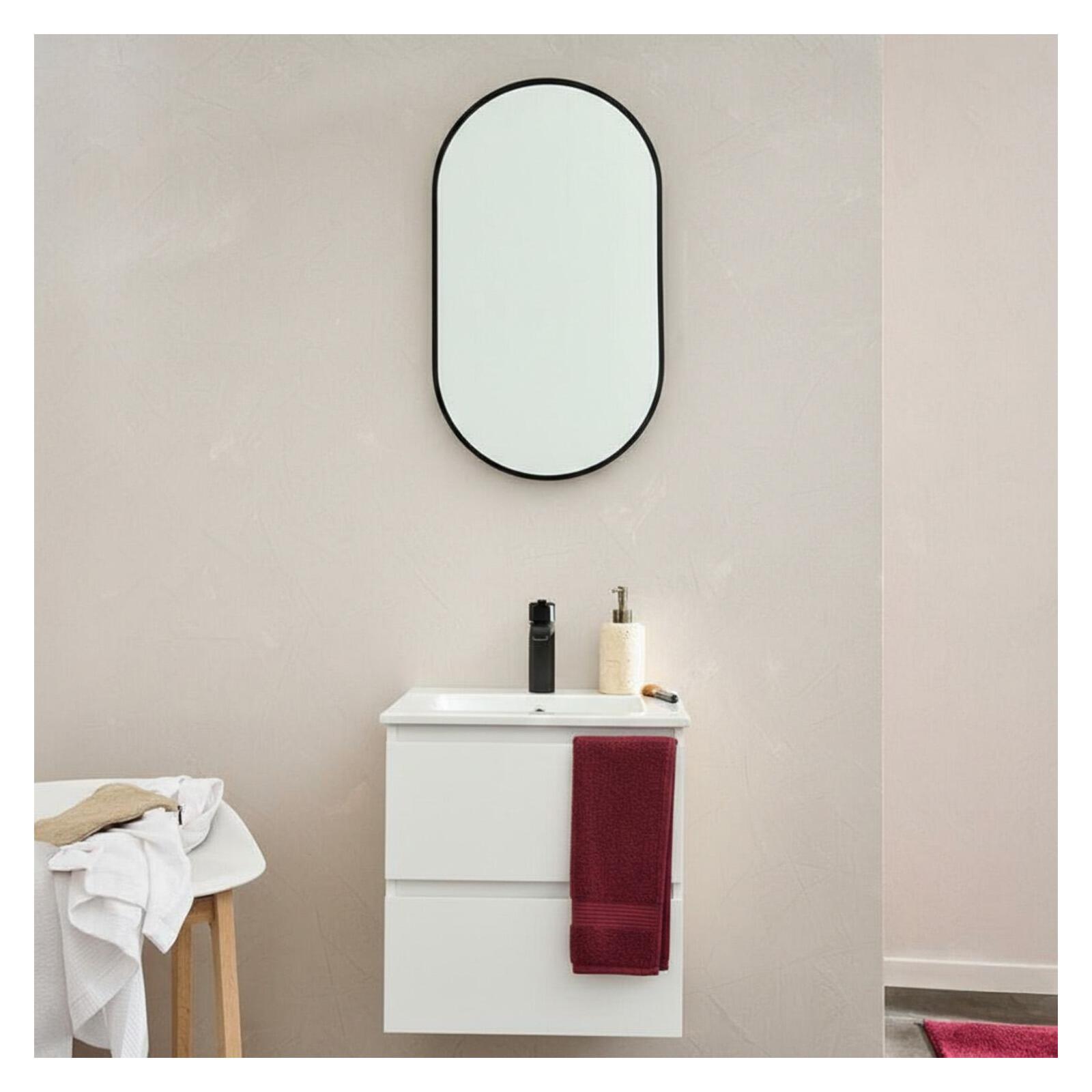 Ensemble meuble simple vasque 45cm avec plan céramique, robinet noir et miroir ovale