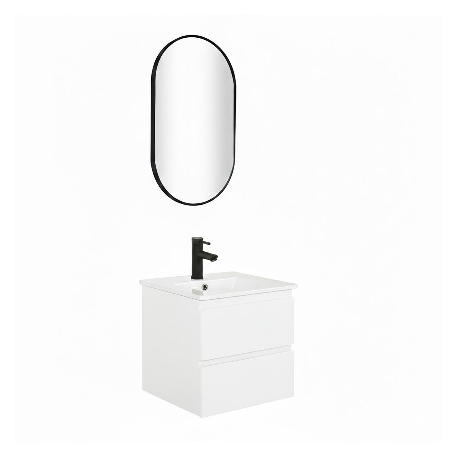 Ensemble meuble simple vasque 45cm avec plan céramique, robinet noir et miroir ovale