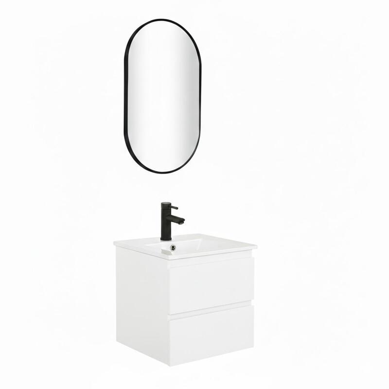 Ensemble meuble simple vasque 45cm avec plan céramique, robinet noir et miroir ovale