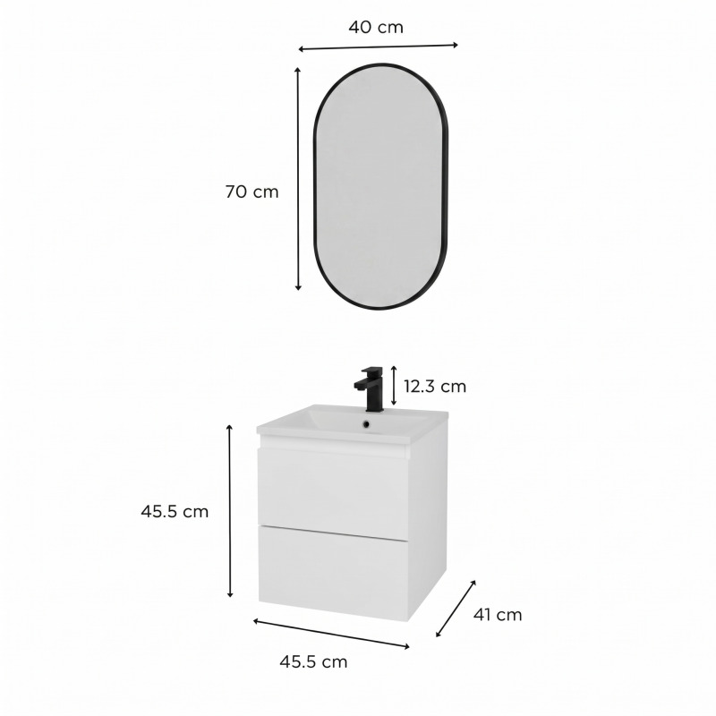 Ensemble meuble simple vasque 45cm avec plan céramique, robinet noir et miroir ovale