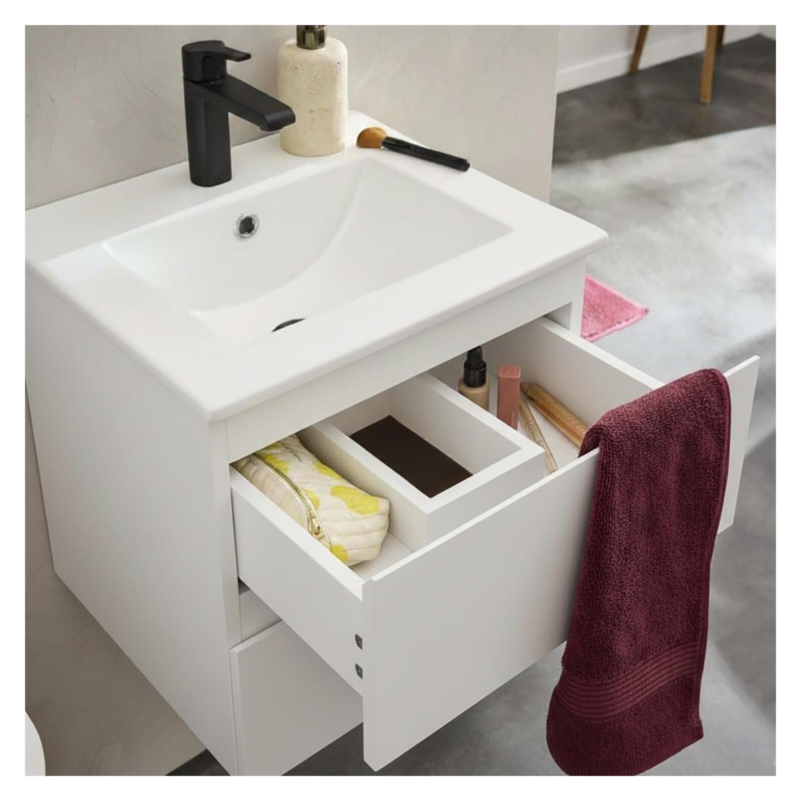Ensemble meuble simple vasque 45cm avec plan céramique, robinet noir et miroir ovale