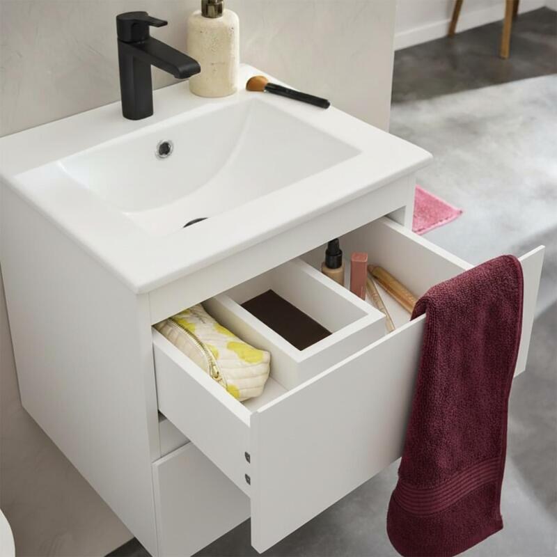 Ensemble meuble simple vasque 45cm avec plan céramique, robinet noir et miroir ovale