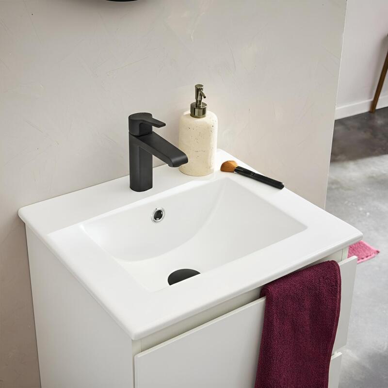 Ensemble meuble simple vasque 45cm avec plan céramique, robinet noir et miroir ovale