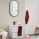 Ensemble meuble simple vasque 45cm avec plan céramique, robinet noir et miroir ovale